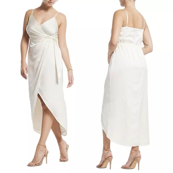 BNWT Express Satin Faux Wrap Tie High Low Midi Dress - Picture 1 of 3